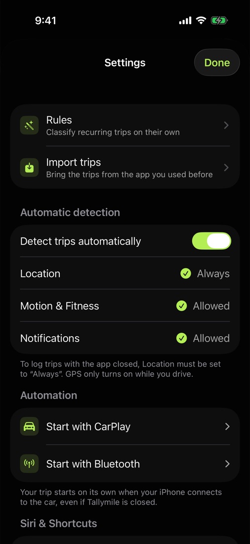 Settings with automatic detection and the CarPlay and Bluetooth automations.