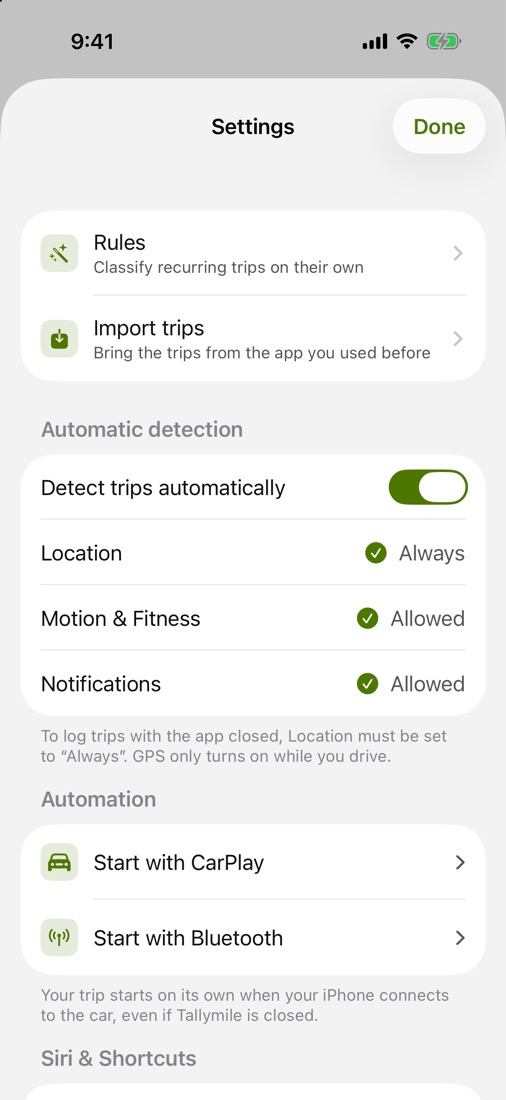 Settings with automatic detection and the CarPlay and Bluetooth automations.