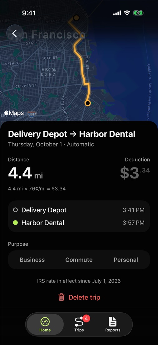 A trip on the map, with its miles, the IRS rate and the deduction it adds.