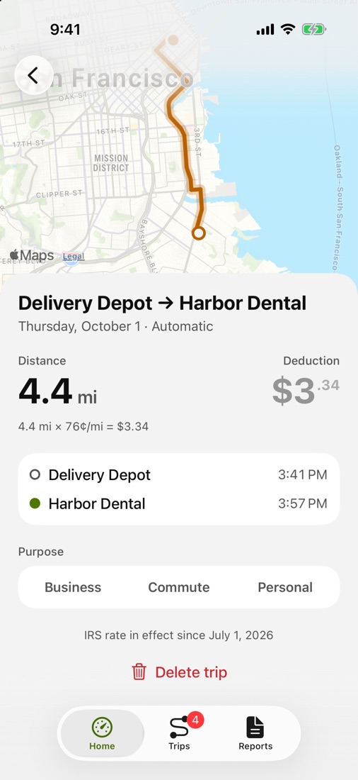A trip on the map, with its miles, the IRS rate and the deduction it adds.
