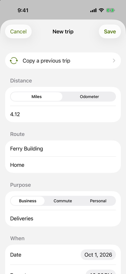 New trip form filled in by copying a previous trip.