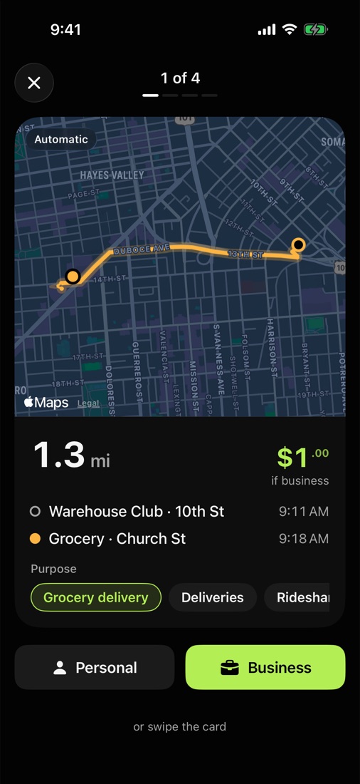 Review screen: a trip on the map with the Business and Personal buttons.
