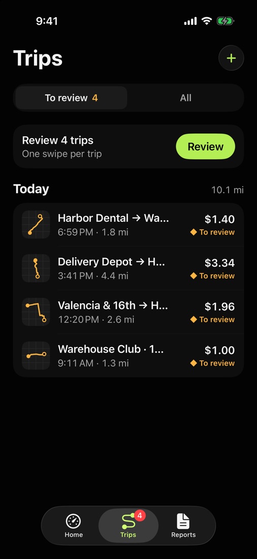 Trips list with today's trips waiting for review.