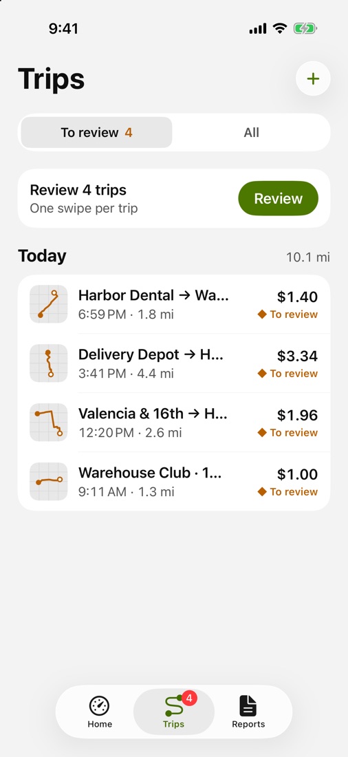 Trips list with today's trips waiting for review.