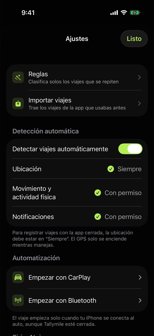 Ajustes con la detección automática y las automatizaciones con CarPlay y Bluetooth.