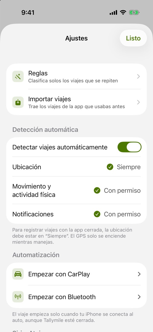 Ajustes con la detección automática y las automatizaciones con CarPlay y Bluetooth.