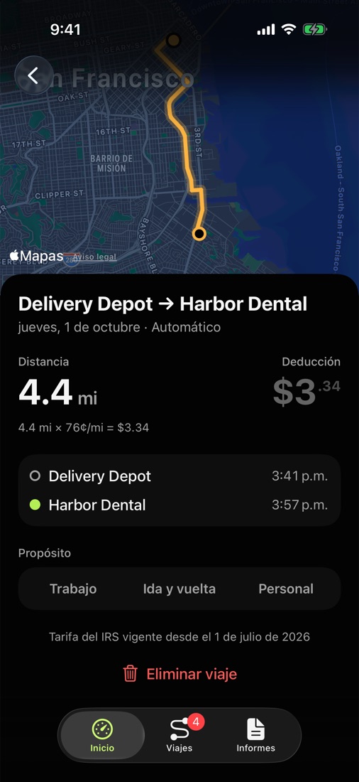 Un viaje en el mapa, con sus millas, la tarifa del IRS y la deducción que suma.