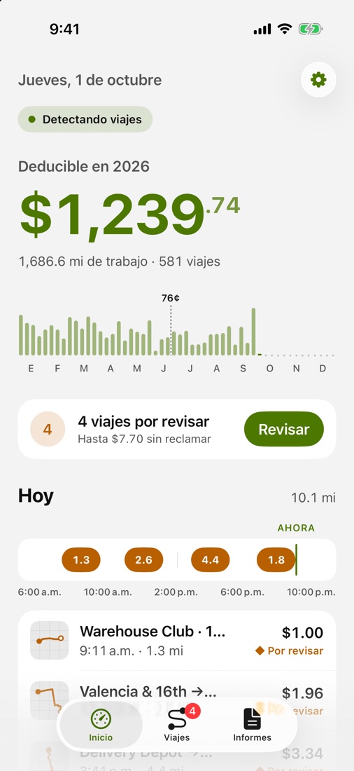 Pantalla de inicio con lo deducible del año, el gráfico de millas de trabajo por semana y los viajes de hoy.