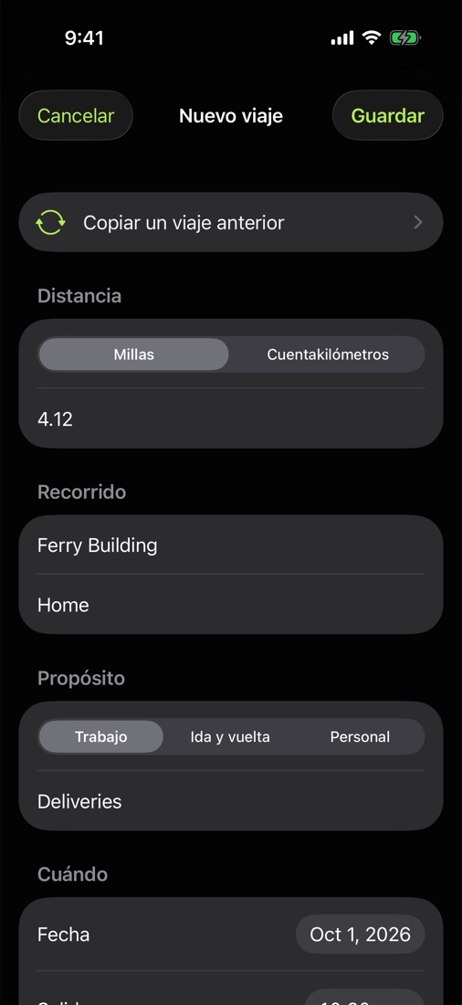 Formulario de nuevo viaje completado copiando un viaje anterior.