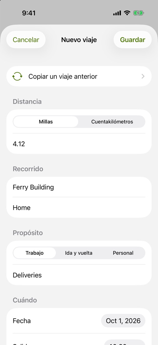 Formulario de nuevo viaje completado copiando un viaje anterior.